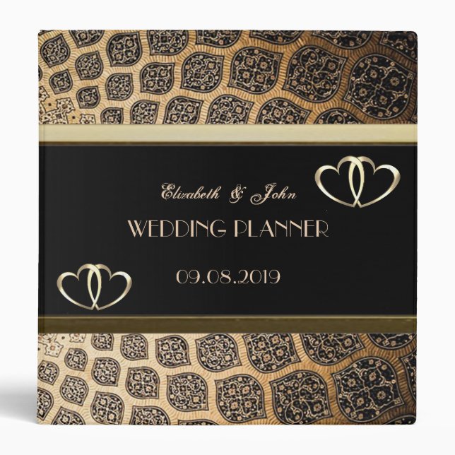 Elegant Arabesque, Gold Hearts -Personalized Binder (Front)