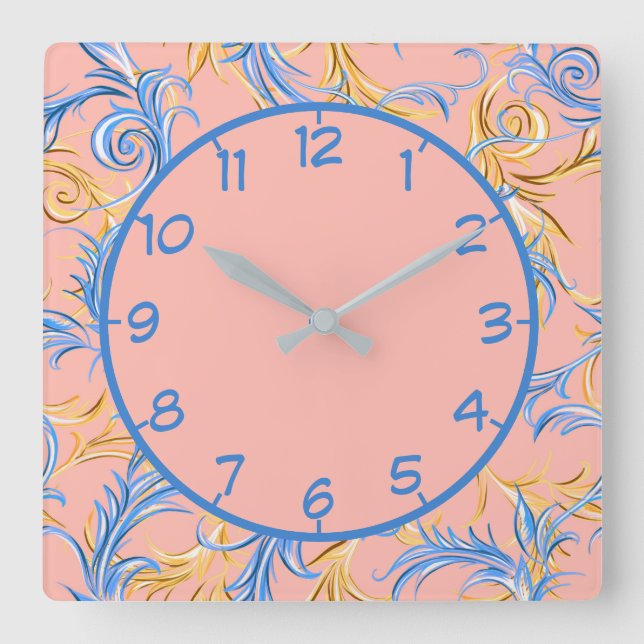 Elegant Arabesque Pink Blue Swirl Pattern Square Wall Clock (Front)