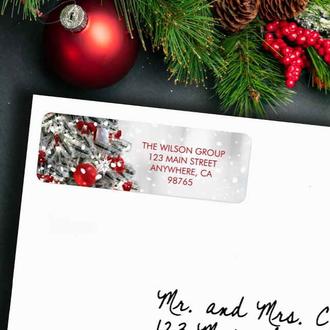 Élégant Arbre de Noël Adresse de retour (Elegant Christmas tree and red ornaments return address labels)