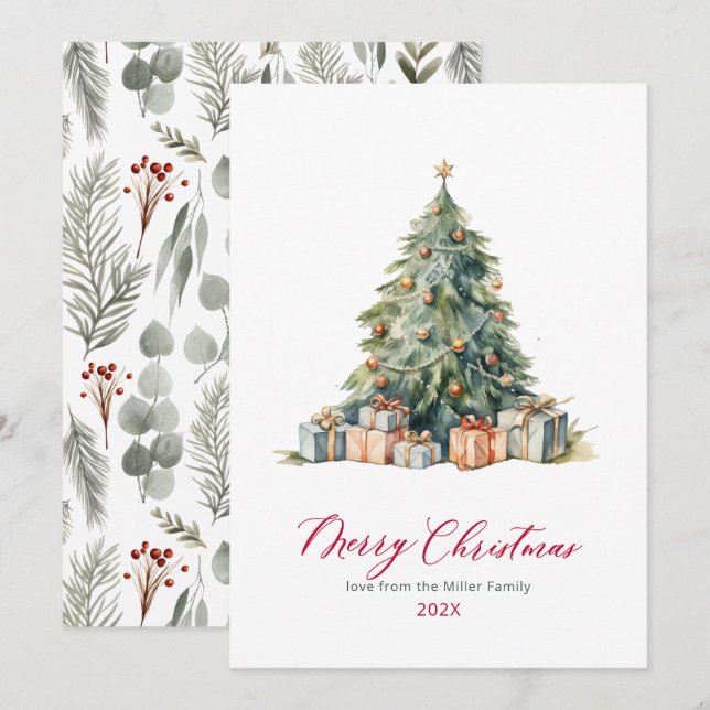 Élégant Arbre Rouge Script non photo Cartes de Noë (Devant / Derrière)