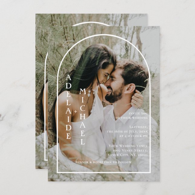 Elegant Arch 2 Photo Simple Modern Budget Wedding Invitation (Front/Back)