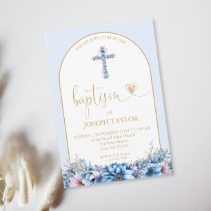 Elegant Arch Baptism Floral Cross Christening Gold Invitation