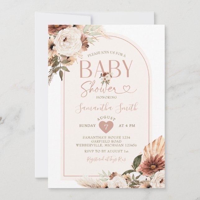 Elegant Arch Boho White Floral Baby Shower Invitation (Front)