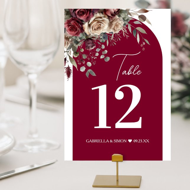 Elegant Arch Burgundy & Cream Roses Wedding Table Number (Creator Uploaded)