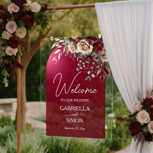 Elegant Arch Burgundy Roses Wedding Welcome Acrylic Sign