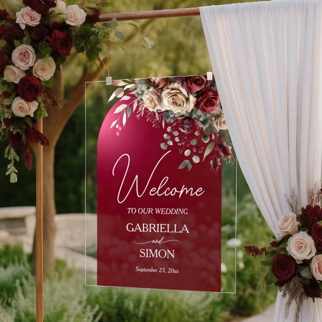 Elegant Arch Burgundy Roses Wedding Welcome Acrylic Sign (Creator Uploaded)