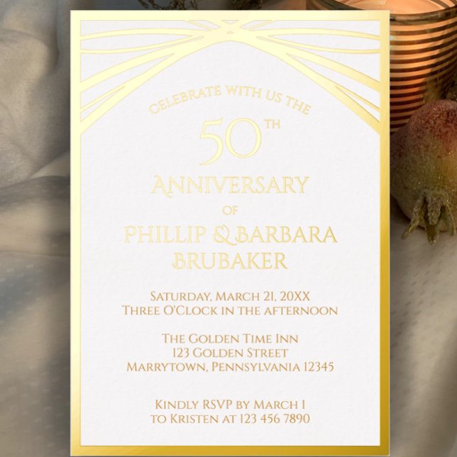 Elegant Arch Golden 50th Wedding Anniversary Party (Create a custom modern elegant 50th wedding anniversary invitation. Stylish unique gold foil invite.)