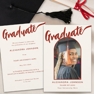 Elegant Arch Graduate Photo Burnt Orange Script Announcement