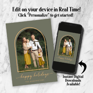 Elegant Arch Green Gold Holiday Photo Card