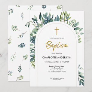 Elegant Arch Greenery Floral Foliage Baptism Invitation