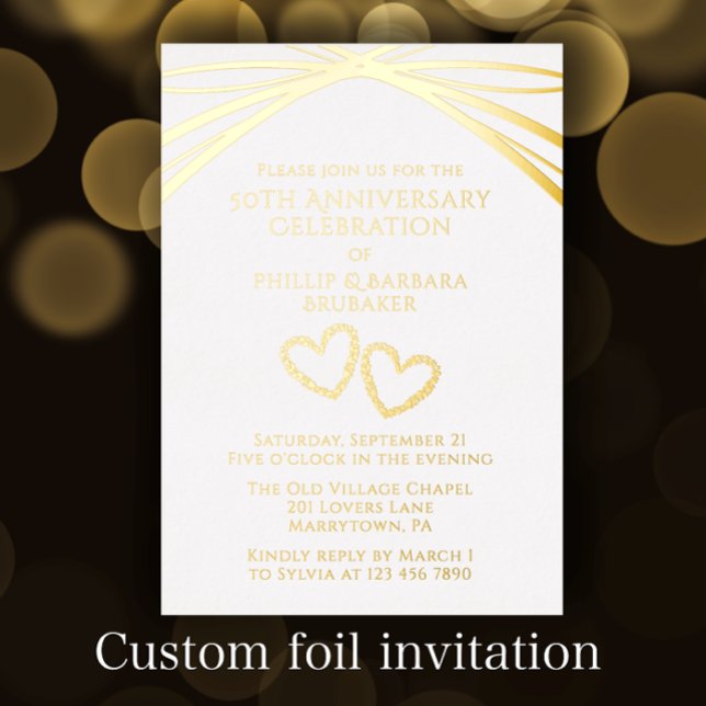 Elegant Arch Heart Golden 50th Wedding Anniversary (Create an elegant gold foil anniversary invitation with this unique modern custom. template.
)
