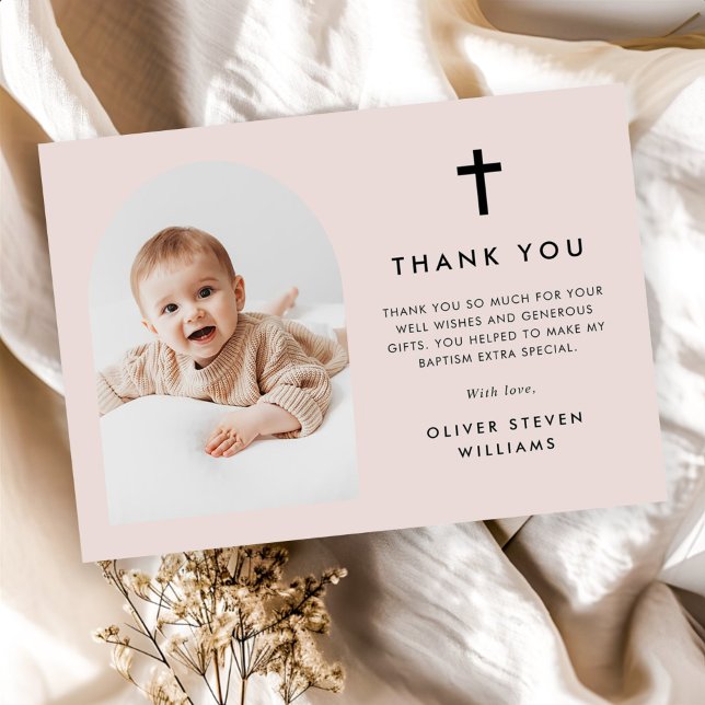 Elegant Arch Photo Baptism Thank You Card (Creator Uploaded)