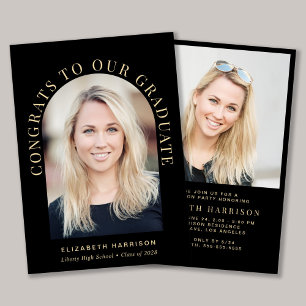 Elegant Arch Photo Black Gold Graduation Party Invitation