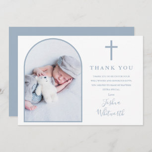 Elegant Arch Photo Dusty Blue Baptism Thank You Card