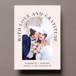 Elegant Arch Photo Love Gratitude Pink Wedding Thank You Card<br><div class="desc">Modern light pink wedding thank you card featuring your photo in an arch frame and "With Love And Gratitude" in elegant typography. Add your first names or married name, wedding date and location. On the reverse side, personalize your thank you message in simple typography, and add an additional photo and...</div>