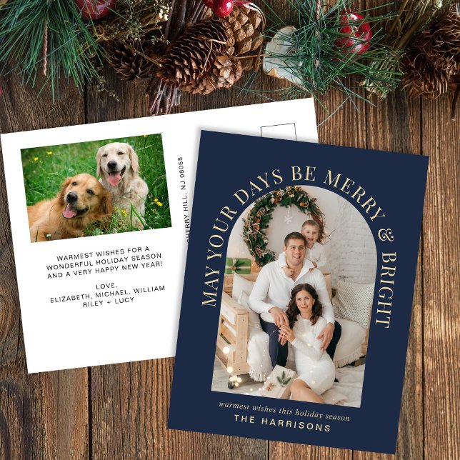 Elegant Arch Photo Merry Bright Blue Christmas Holiday Postcard (Creator Uploaded)