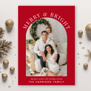 Elegant Arch Photo Merry Bright Red Christmas Holiday Card