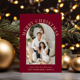 Elegant Arch Photo Merry Christmas Burgundy Holiday Card