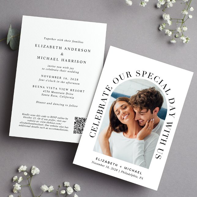 Elegant Arch Photo QR Code All In One Wedding Invitation (Celebrate your love story with an invitation showcasing your favorite photo in an elegant arch frame)