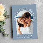 Elegant Arch Photo QR Code Dusty Blue Save The Date<br><div class="desc">Modern dusty blue wedding save the date card featuring your photo in an arched frame surrounded by "Please Save The Date" in elegant white text. Under your photo, add your first names, wedding date and location. On the reverse side, personalize the save the date details in simple white typography and...</div>