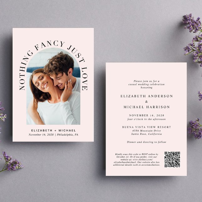 Elegant Arch Photo QR Code Pink Casual Wedding Invitation (Creator Uploaded)