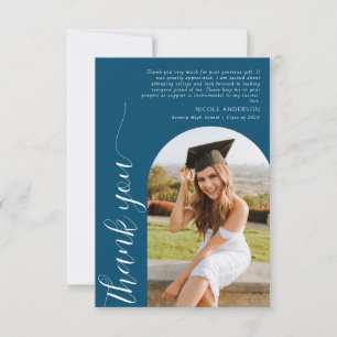 Elegant Arch Photo Script Graduation Teal Blue Thank You Card