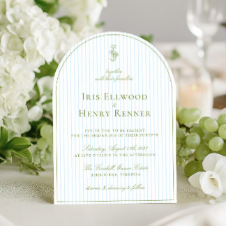 Elegant Arch Sage Green & Blue Stripe Wedding Invitation