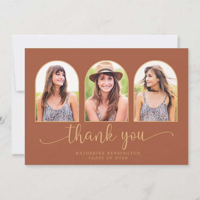 Elegant Arch Terracotta Gold 3 Photo Graduation Thank You Card (Front)