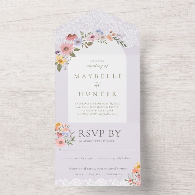 Elegant Arch Watercolor Wildflowers Wood All In One Invitation (Inside)