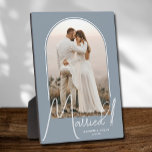 Elegant Arch Wedding Photo Dusty Blue Plaque<br><div class="desc">A special keepsake features your wedding photo in an elegant arch design with the text "Married" in chic text along with your names and wedding date on a dusty blue background. Beautiful gift for your family and a fabulous memory to display in your own home. BACKGROUND color can be changed!...</div>