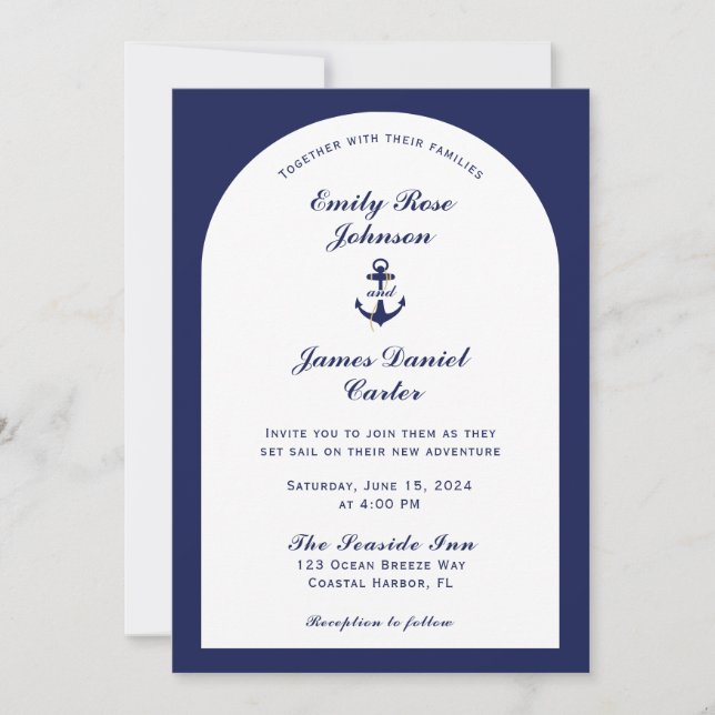Elegant Arch White & Navy Blue Nautical Wedding Invitation (Front)