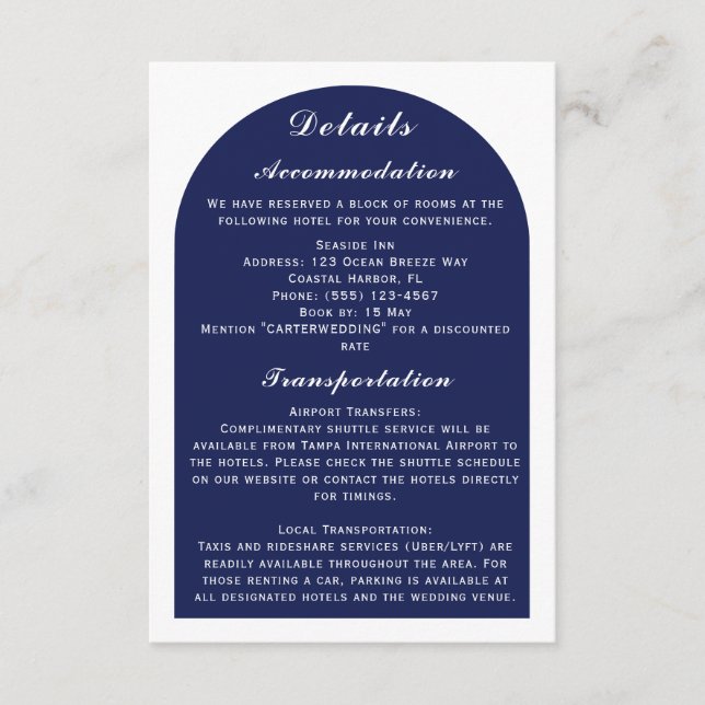 Elegant Arch White & Navy Nautical Wedding Details Enclosure Card (Front)
