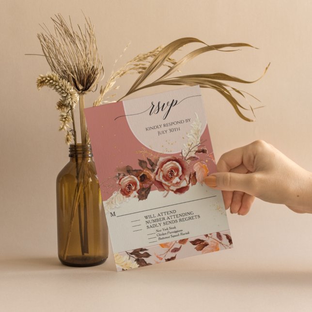 Elegant Arched Autumn Floral Foliage Script BOHO RSVP Card (Creator Uploaded)