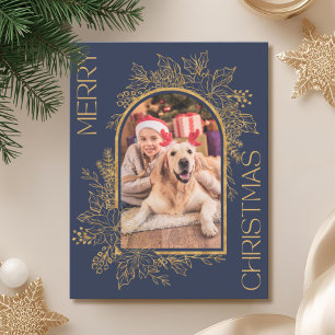 Elegant Arched Navy Blue Gold Photo Holiday Card