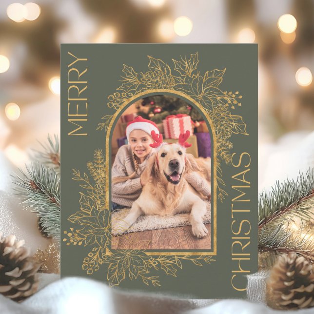 Elegant Arched Olive Green Gold Photo Holiday Card (Creator Uploaded)