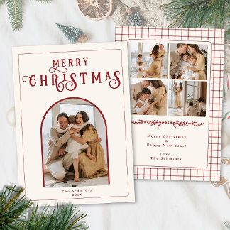 Elegant Arched Photo Christmas Card with Red Plaid