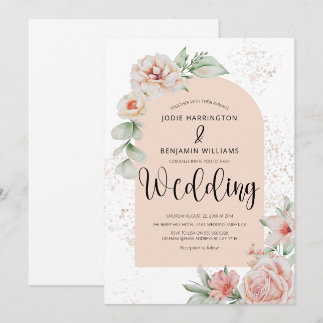 Elegant Arched | Spring Peach Floral Wedding Invitation (Front/Back)