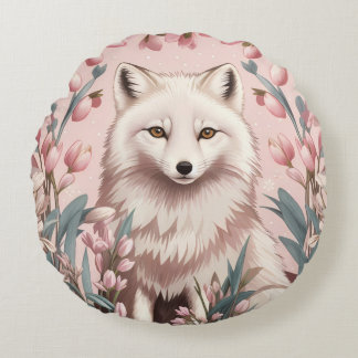 Elegant Arctic Fox Pink Floral Round Pillow