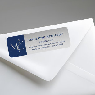 Élégant Argent Monogramme Marine Bleu Adresse de r