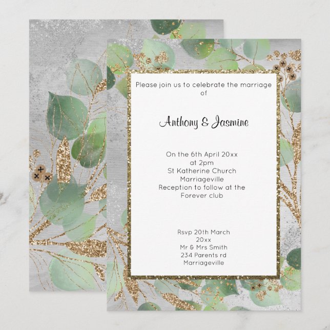 ÉLÉGANT ARGENT OR MARBRE BOTANIQUE 2 INVITATION (Devant / Derrière)