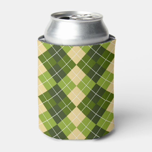 Elegant Argyle Pattern in Green and Yellow Diamond Can Cooler (Can Front)