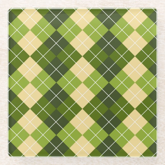 Elegant Argyle Pattern in Green and Yellow Diamond Glass Coaster (Front)