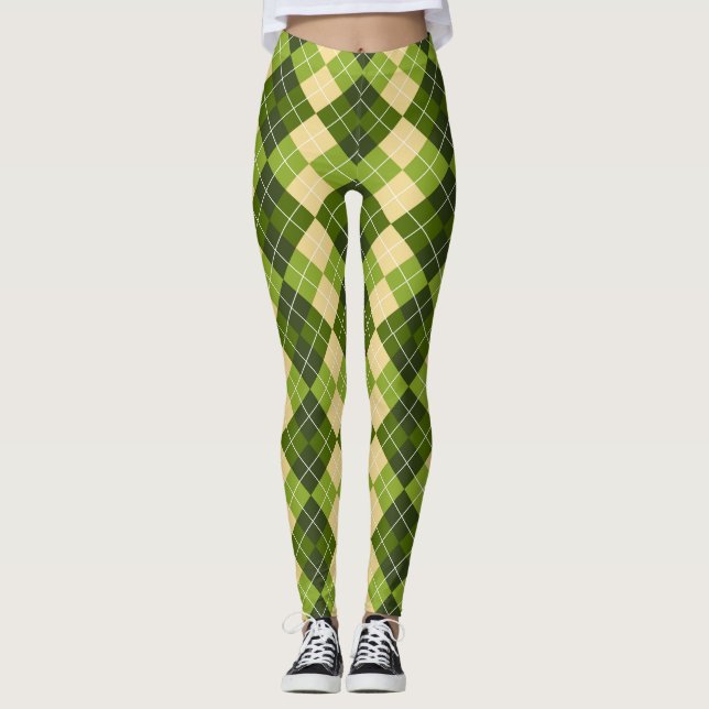 Elegant Argyle Pattern in Green and Yellow Diamond Leggings (Front)