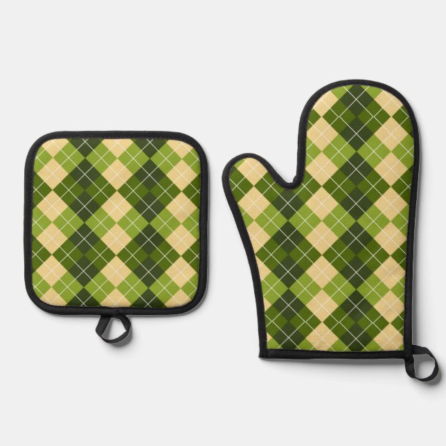 Elegant Argyle Pattern in Green and Yellow Diamond Oven Mitt & Pot Holder Set (Front)