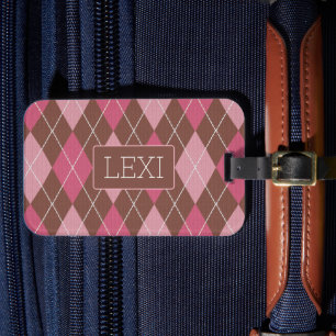 Elegant Argyle Pink & Brown with Name or Initials Luggage Tag