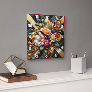 Elegant Arrangement of Colourful Roses and Foliage Square Wall Clock