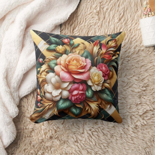 Elegant Arrangement of Colourful Roses and Foliage Throw Pillow (Blanket)
