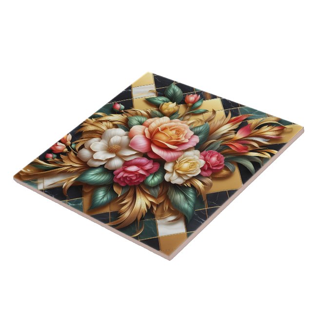 Elegant Arrangement of Colourful Roses and Foliage Tile (Side)