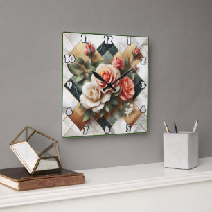 Elegant Arrangement of Colourful Roses on Marble Square Wall Clock