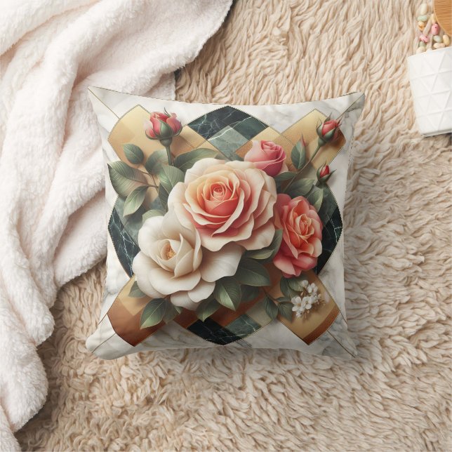Elegant Arrangement of Colourful Roses on Marble Throw Pillow (Blanket)